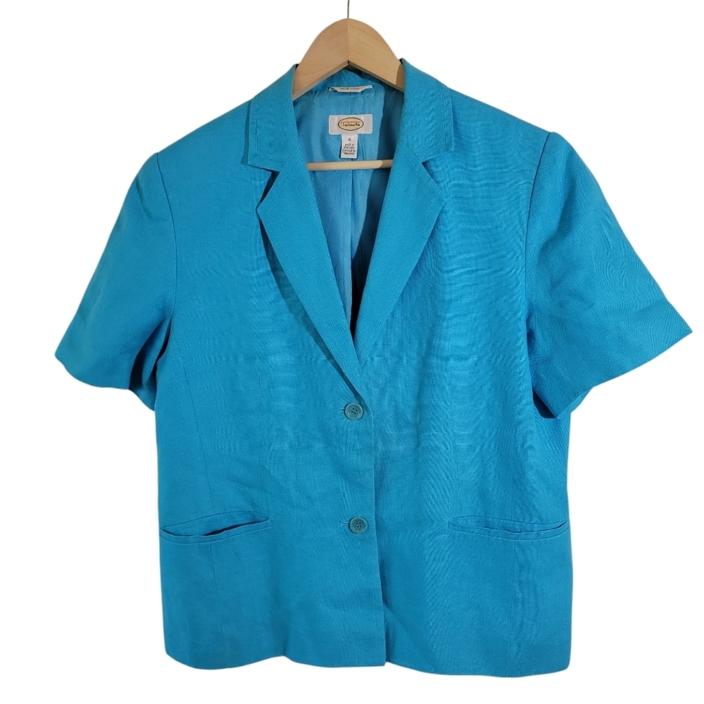 Talbots Royal Blue 100% Linen Blazer Sz 16 Short Sleeve Office Siren Corpcore